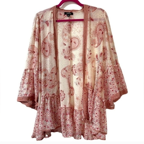 Torrid 00 Sz 10 M/L Cream Bohemian Paisley Bell Sleeve Kimono Cardigan Bs-2832 - Picture 1 of 10